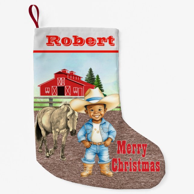 Western Little Cowboy with Horse and Barn  Small Christmas Stocking (Front)