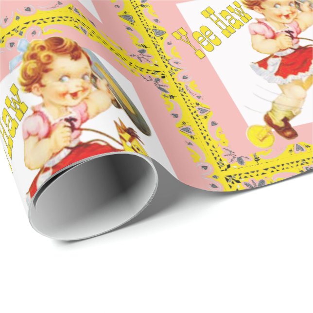 Western Little Cowgirl On Stick Horse Yee Haw Wrapping Paper (Roll Corner)
