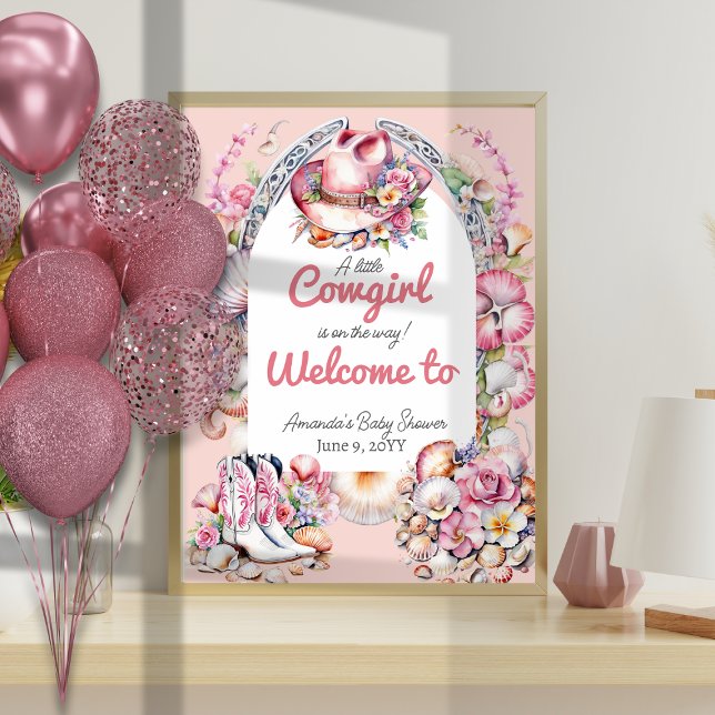 Western Little Cowgirl Pink Coastal Baby Shower Poster (Creator Uploaded)