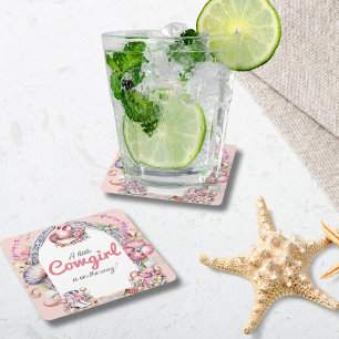 Western Little Cowgirl Pink Coastal Baby Shower Square Paper Coaster