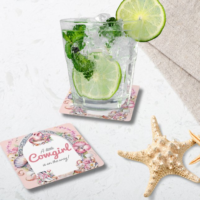 Western Little Cowgirl Pink Coastal Baby Shower Square Paper Coaster (Creator Uploaded)