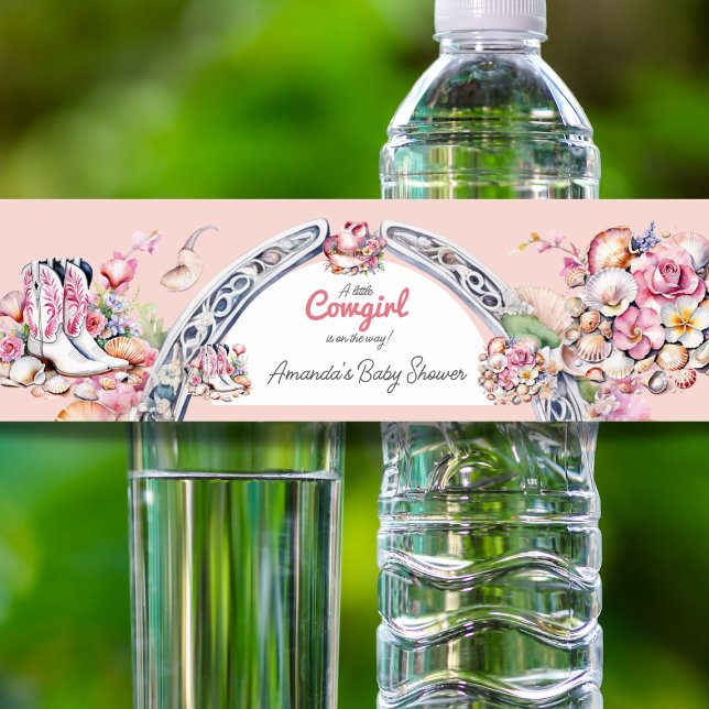 Western Little Cowgirl Pink Coastal Baby Shower Water Bottle Label (Creator Uploaded)