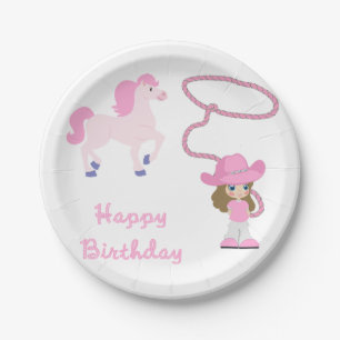 Western Little Cowgirl With Horse Happy Birthday Paper Plate