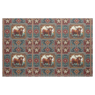 Western Longhorn Steer Turquoise Brown and Tan Fabric