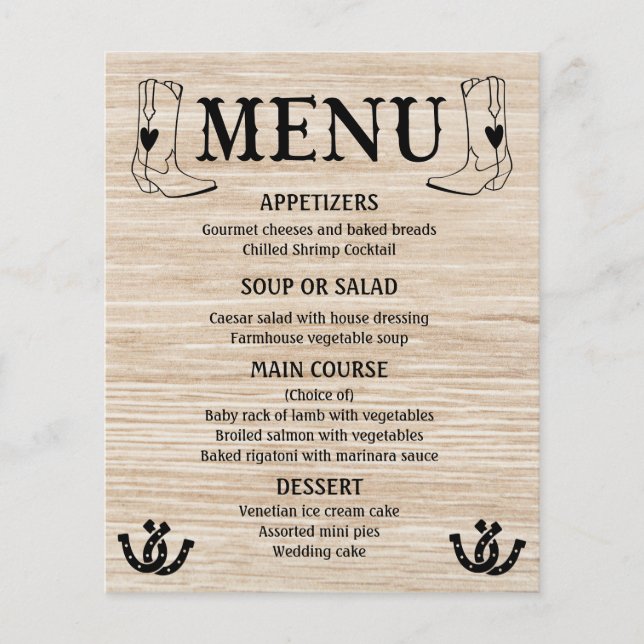 Western Menu Country Wedding Cowboy Boots Wood (Front)