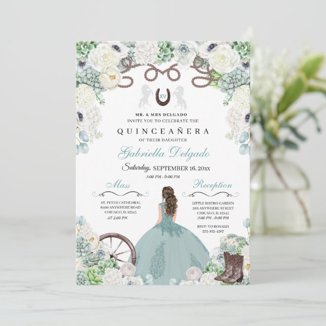 Western Mint Green Horse Charra Quinceañera Invitation (Standing Front)