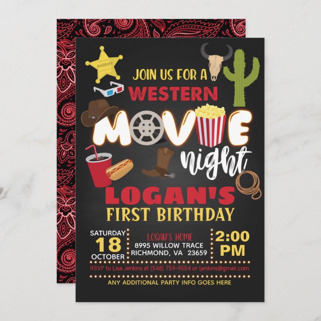 Western Movie Night Birthday Invitation (Front/Back)