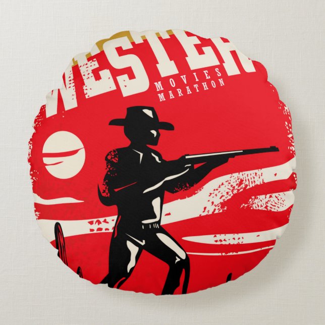 Western movies marathon retro poster design layout round cushion (Front)
