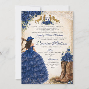 Western Navy Blue Floral Princess Sweet 15 Años Invitation