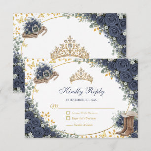 Western Navy Blue Rose Golden Country Quinceañera RSVP Card