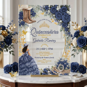 Western Navy Blue Roses Golden Country Quinceañera Acrylic Invitations