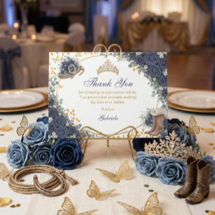 Western Navy Blue Roses Golden Country Quinceañera Thank You Card