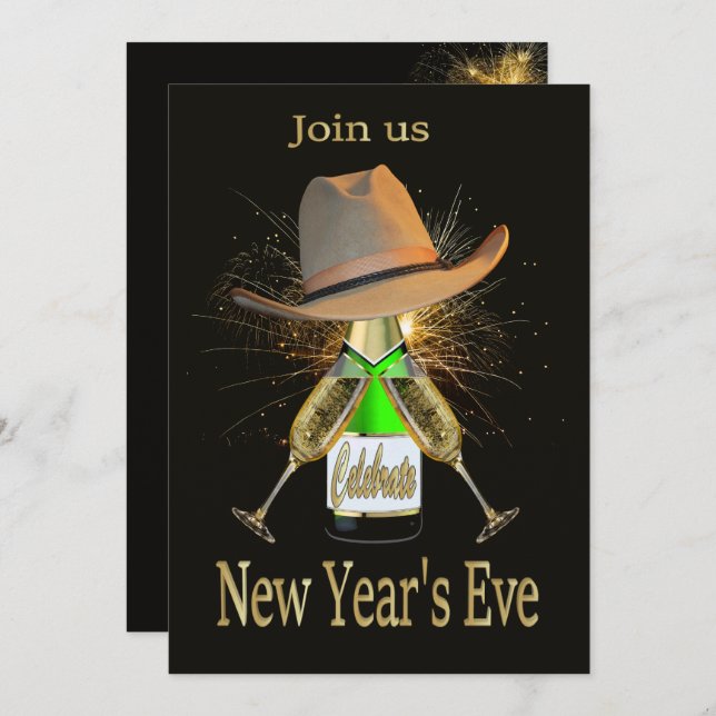 Western New Year's Eve Party Cowboy Hat Champagne Invitation (Front/Back)