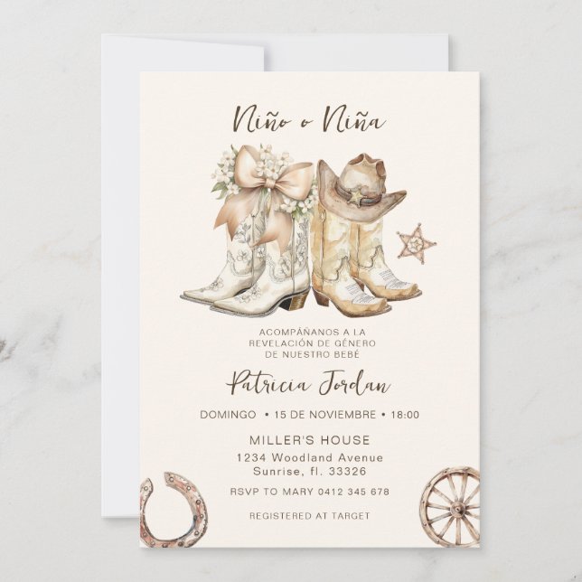 Western Niño o Niña Spanish Gender Reveal Invitation (Front)