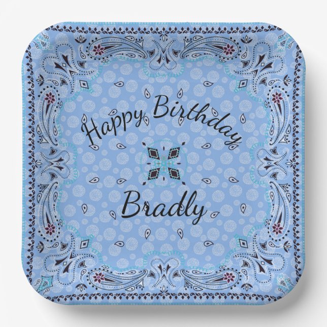 Western Paisley Blue Bandanna Custom 9"  Paper Plate (Front)