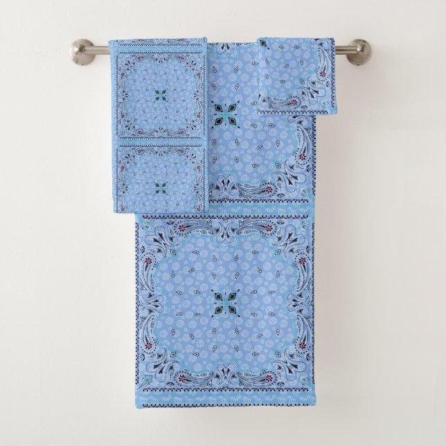 Western Paisley Blue Bandanna Print Bath Towel Set (Insitu)