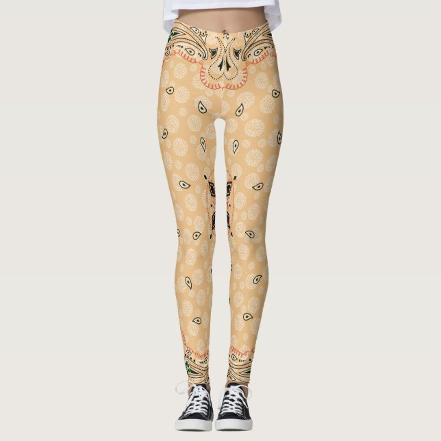 Western Paisley Gold Bandanna Print Cowgirl Leggings (Front)