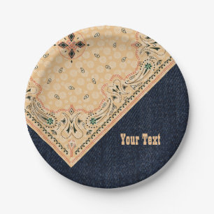 Western Paisley Gold Bandanna Print Denim Party 7" Paper Plate
