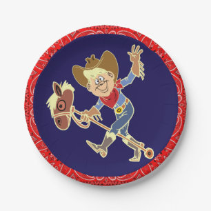 Western Party Cowboy On Stick Horse Red Bandanna Paper Plate