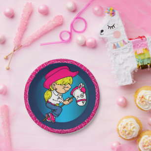 Western Party Cowgirl On Stick Horse Pink Bandanna Paper Plate