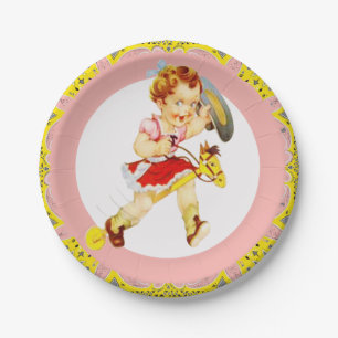 Western Party Cowgirl On Stick Horse Pink Yellow Paper Plate