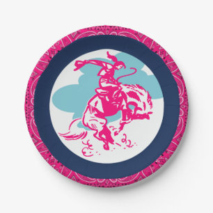 Western Party Cowgirl Riding Bucking Horse Paper Plate