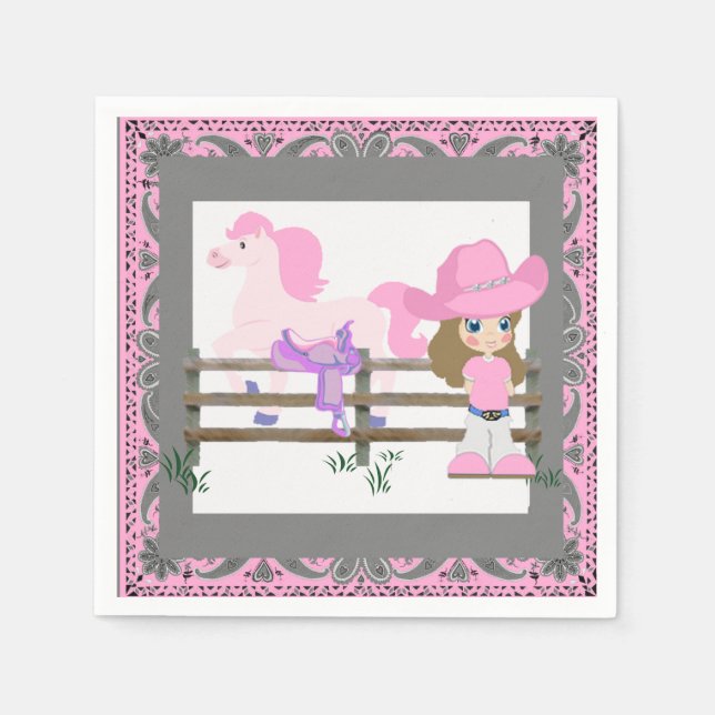 Western Party Little Cowgirl Horse Saddle Pink Napkin (Front)