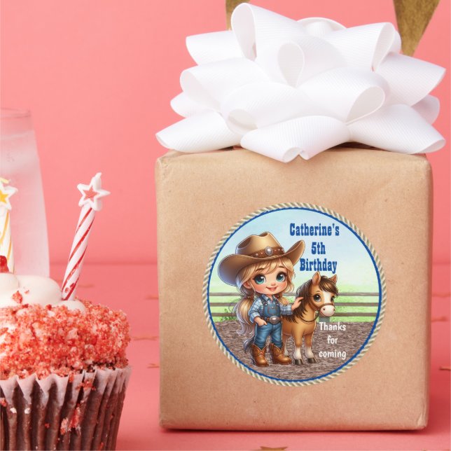 Western Party Little Cowgirl With Horse Custom  Classic Round Sticker (Party)