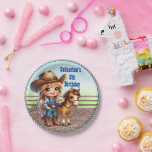 Western Party Little Cowgirl With Horse Custom Paper Plate