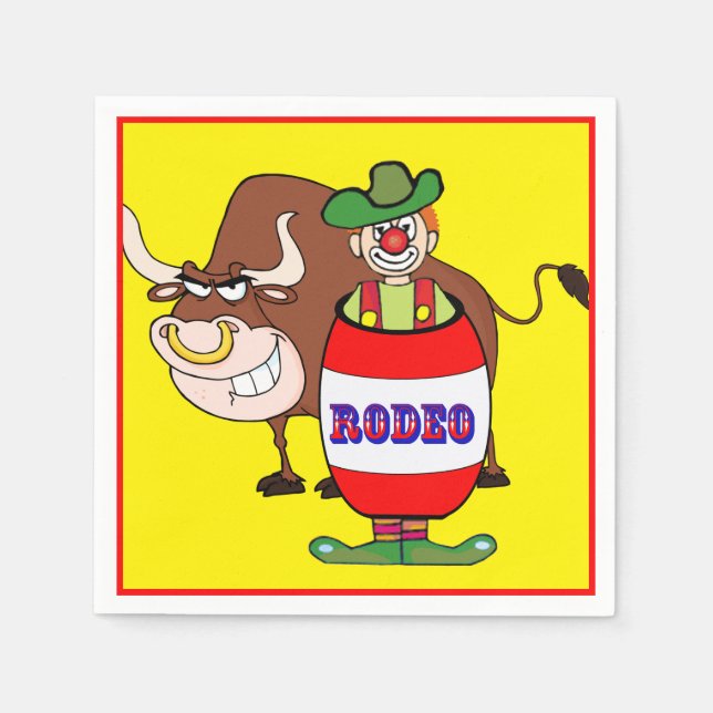 Western Party Rodeo Clown In Barrel And Bull Napkin (Front)