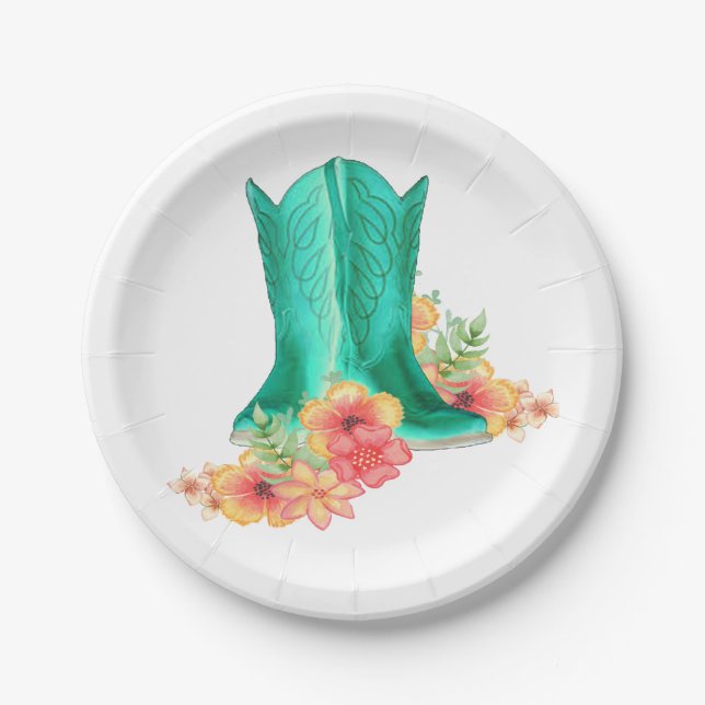 Western Party Wedding Cowboy Boots And Flowers Paper Plate (Front)