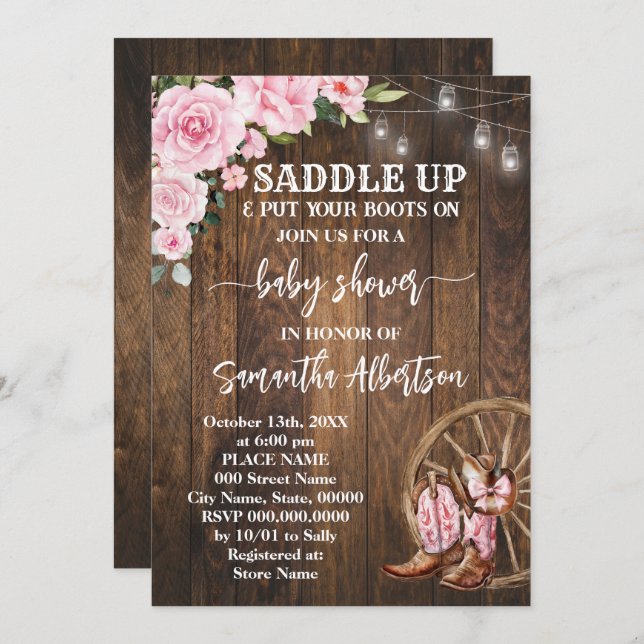 Western Pink Baby Shower Country Boots Invitation (Front/Back)