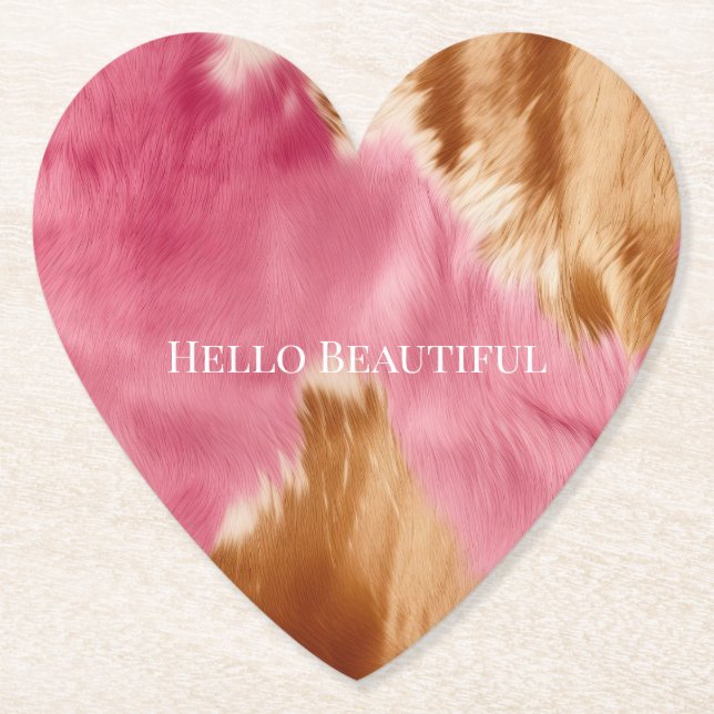 Western Pink Brown Cream Cowgirl Cowhide Paper Coaster (Front)