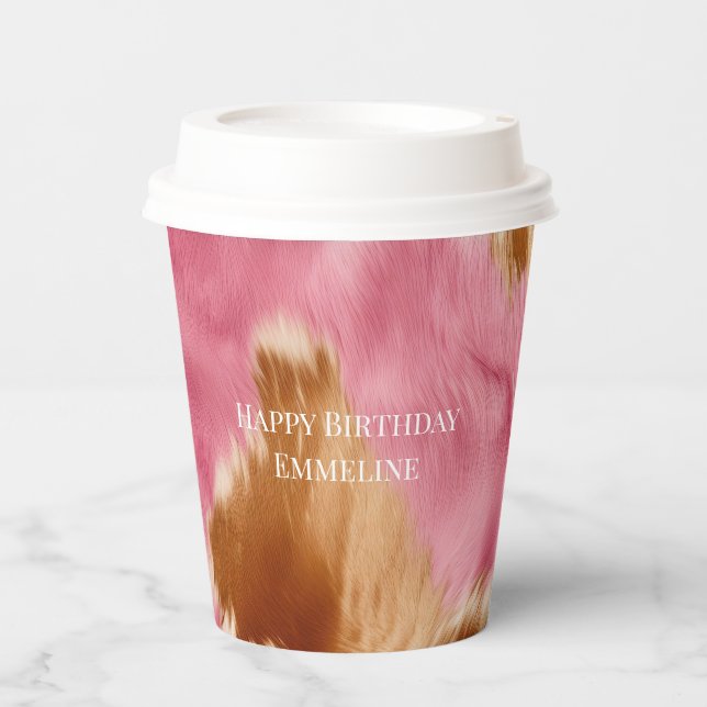 Western Pink Brown Cream Cowgirl Cowhide Paper Cups (Front)