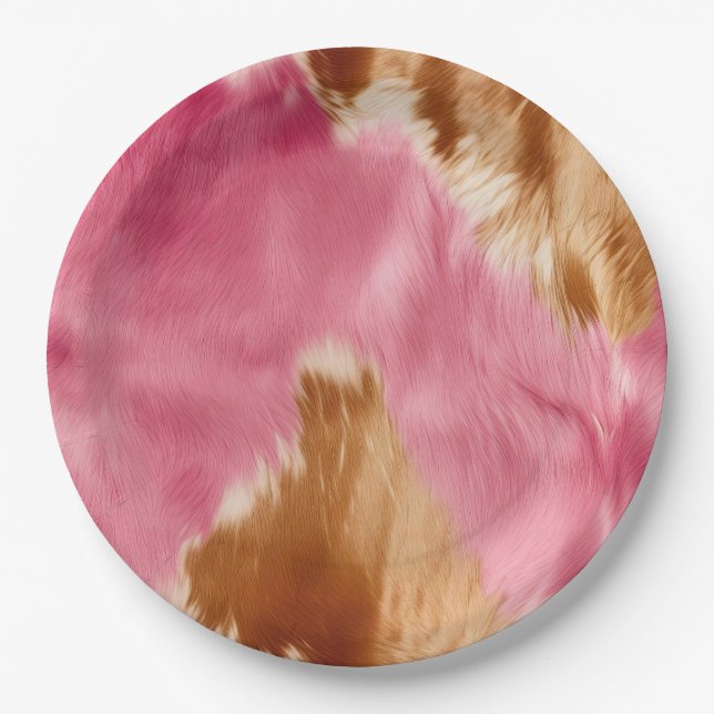 Western Pink Brown Cream Cowgirl Cowhide Paper Plate (Front)