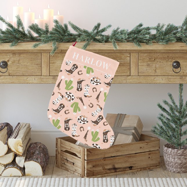 Western Pink Cowgirl Cactus Desert | Monogram Small Christmas Stocking (Creator Uploaded)