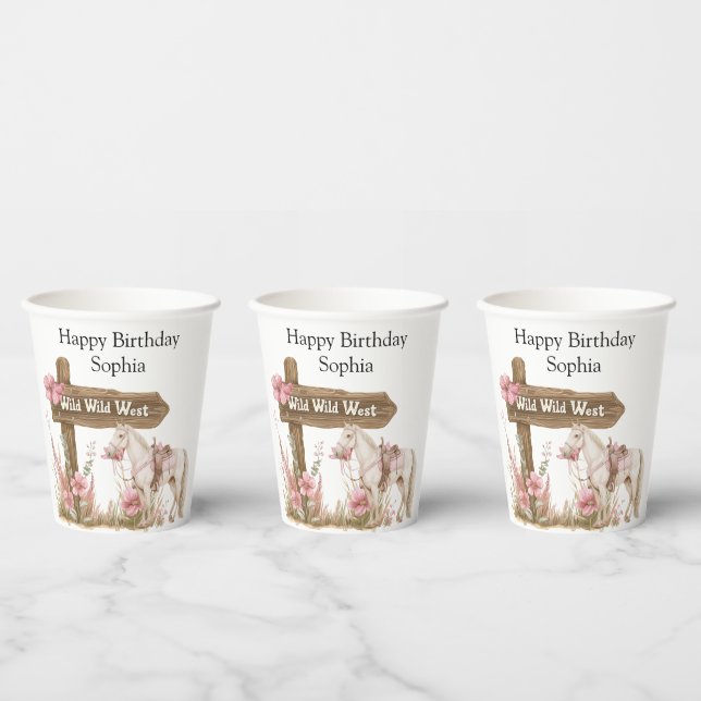 Western Pink Cowgirl Wild West Horse Birthday Paper Cups (Multi)