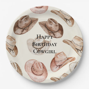 Western Pink Cream Cowgirl Hats Birthday Paper Plate