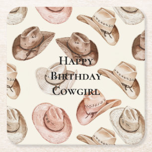 Western Pink Cream Cowgirl Hats Birthday Square Paper Coaster