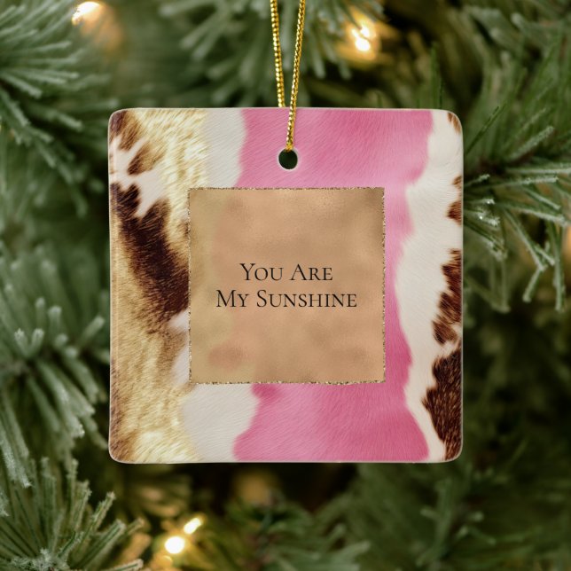 Western Pink Cream Gold Cowgirl Cowhide Ceramic Ornament (Tree)