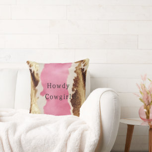 Western Pink Cream Gold Cowgirl Cowhide Cushion
