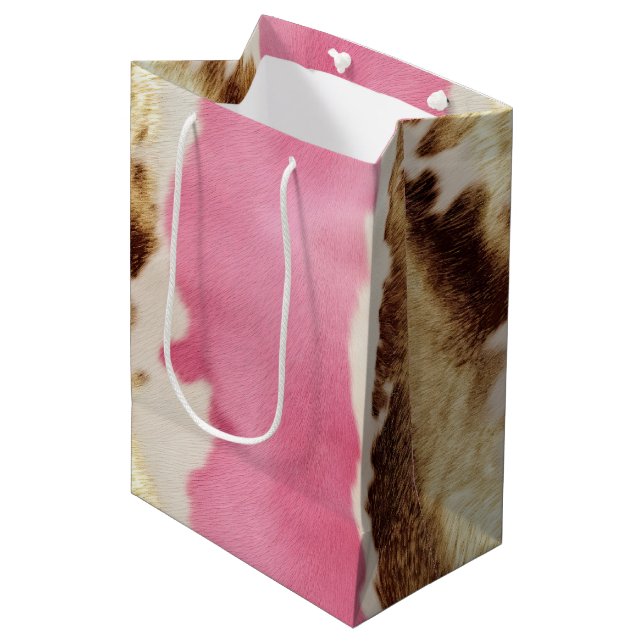 Western Pink Cream Gold Cowgirl Cowhide Medium Gift Bag (Front Angled)