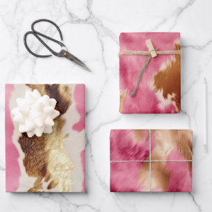 Western Pink Cream Gold Cowgirl Cowhide Wrapping Paper Sheet