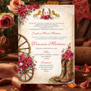 Western Pink Floral Rustic Quinceañera Mexican Invitation