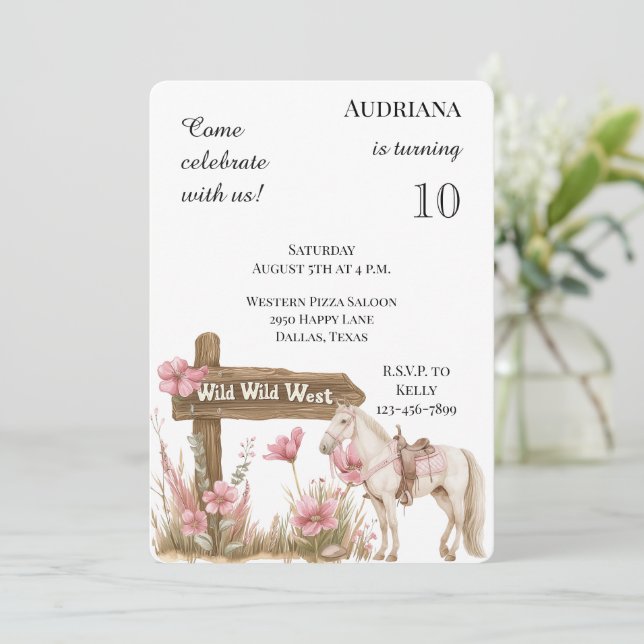 Western Pink Floral Wild West Horse Birthday Invitation (Standing Front)