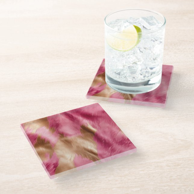 Western Pink Gold Brown Cowgirl Cowhide Glass Coaster (Angled)