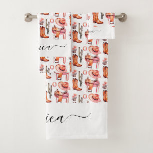 Western pink orange cowgirl script name bath towel set