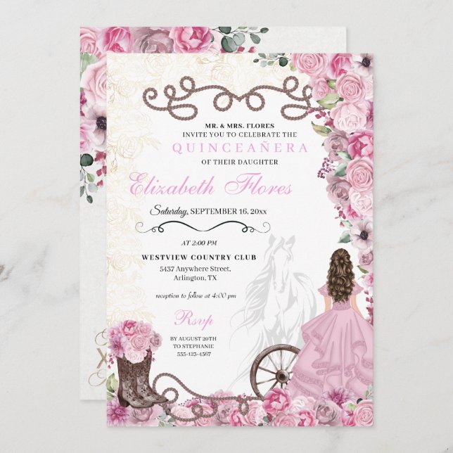 Western Pink Princess Floral Charra Quinceañera Invitation (Front/Back)
