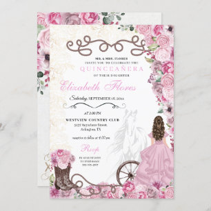 Western Pink Princess Floral Charra Quinceañera Invitation