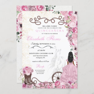Western Pink Princess Floral Charra Quinceañera Invitation